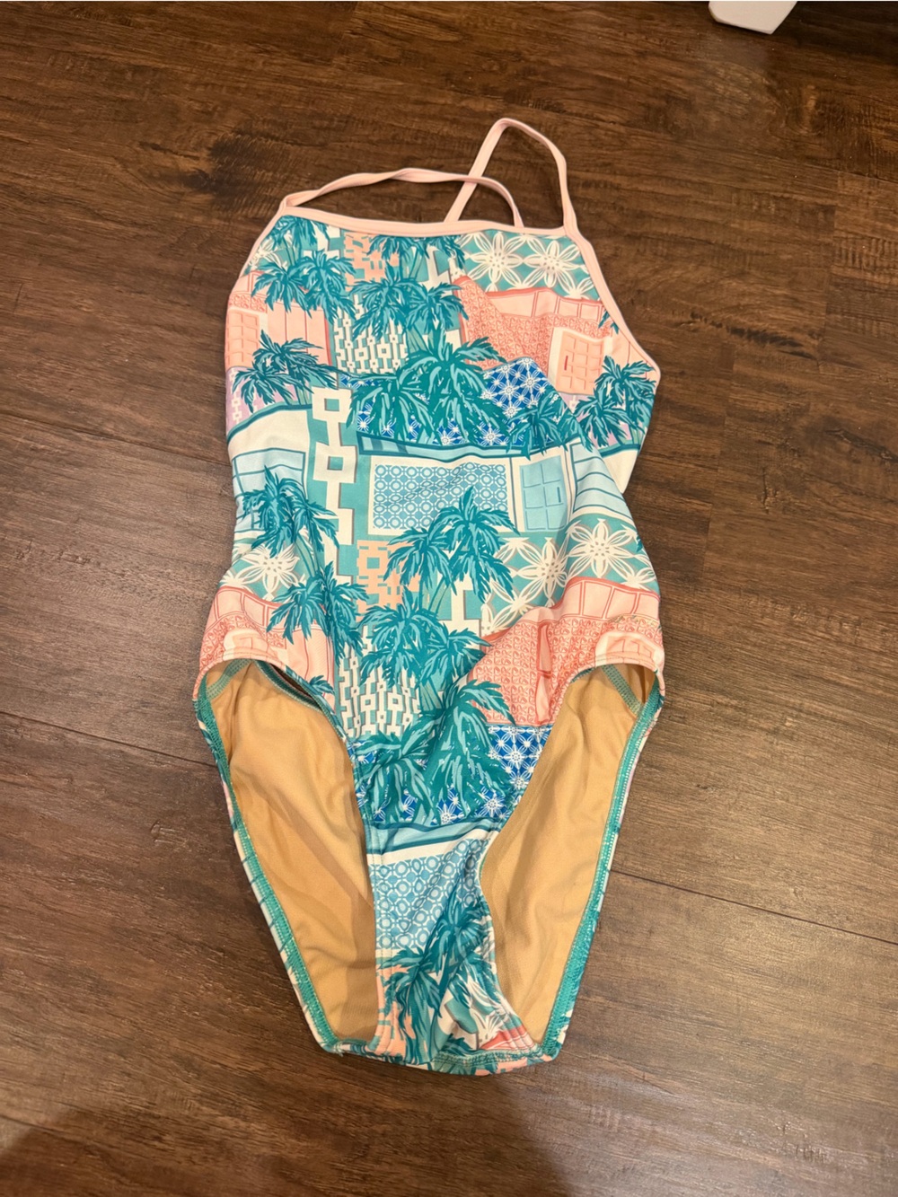 Tropical Palm One-Piece Swimsuit in Teal and Peach